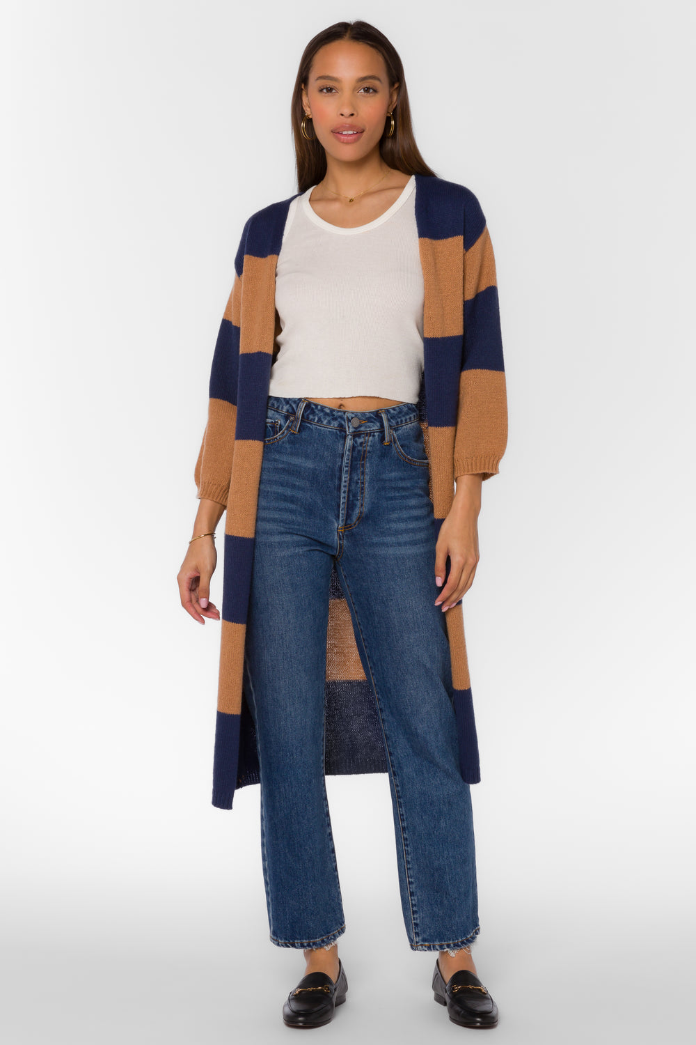 Amina Navy Brown Stripe Cardigan - Sweaters - Velvet Heart Clothing