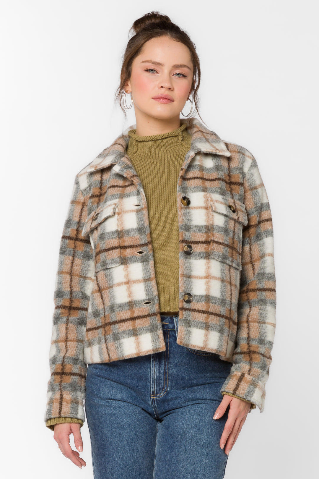 Frenchie Brown Grey Plaid Jacket - Jackets & Outerwear - Velvet Heart Clothing