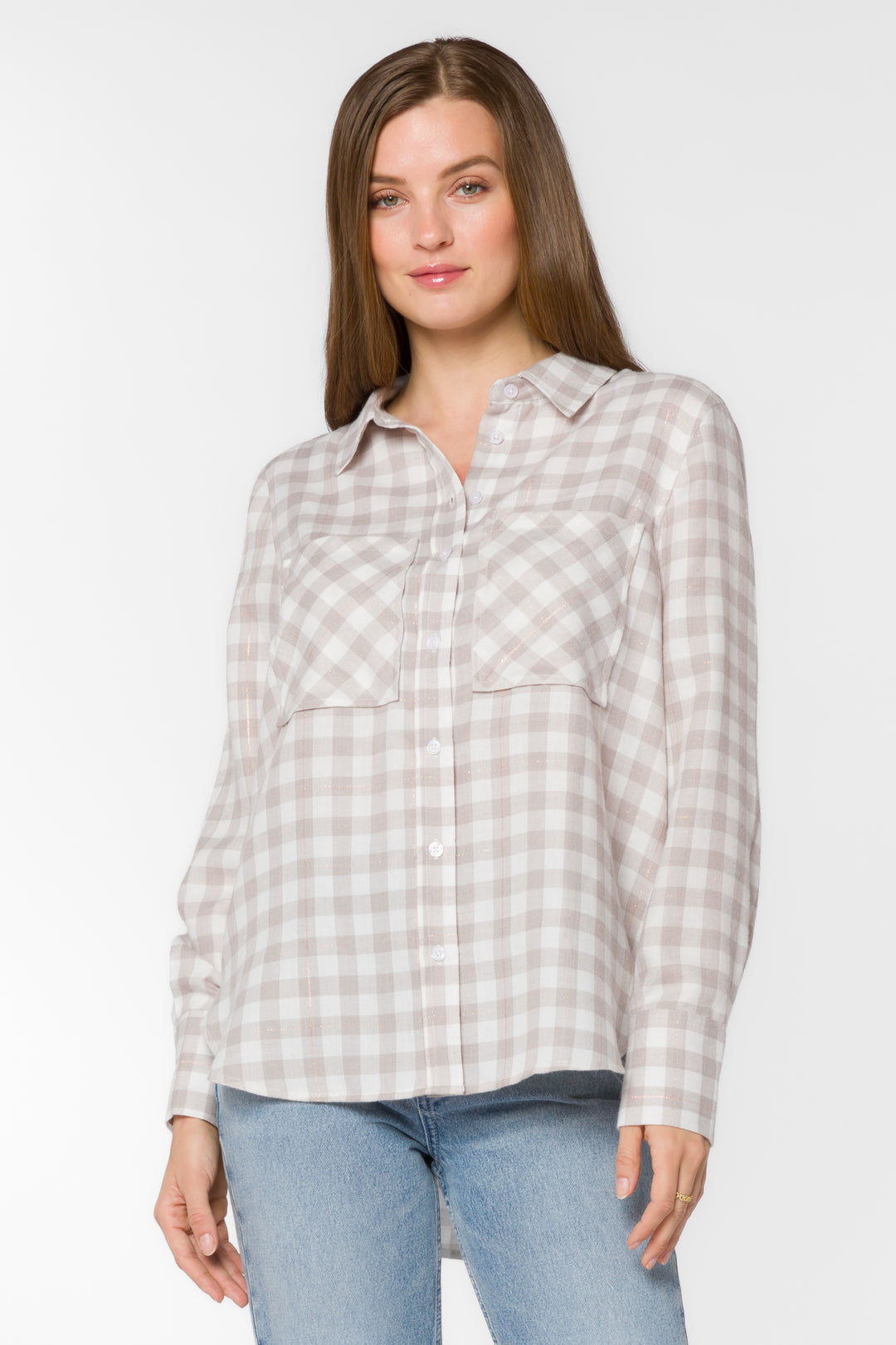 Kacia Taupe Plaid Shirt - Tops - Velvet Heart Clothing