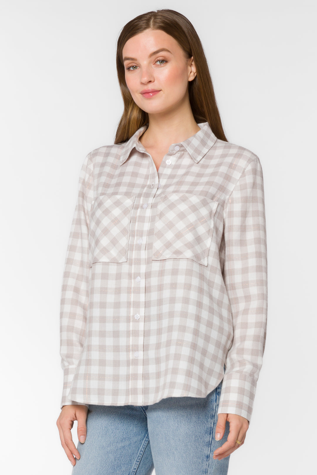 Kacia Taupe Plaid Shirt - Tops - Velvet Heart Clothing