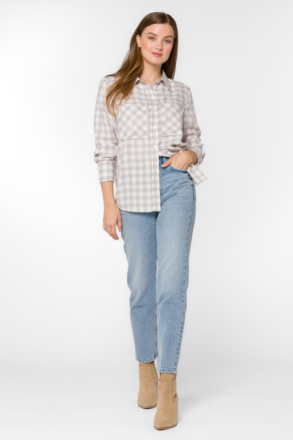 Kacia Taupe Plaid Shirt - Tops - Velvet Heart Clothing