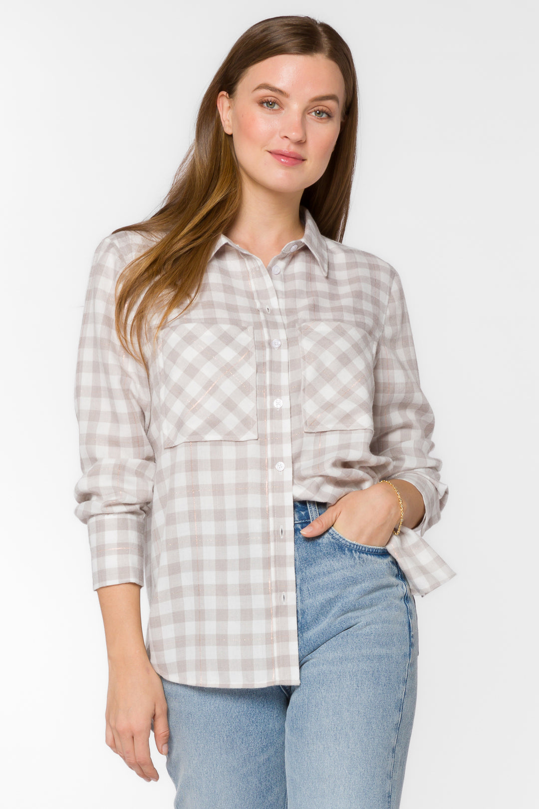 Kacia Taupe Plaid Shirt - Tops - Velvet Heart Clothing