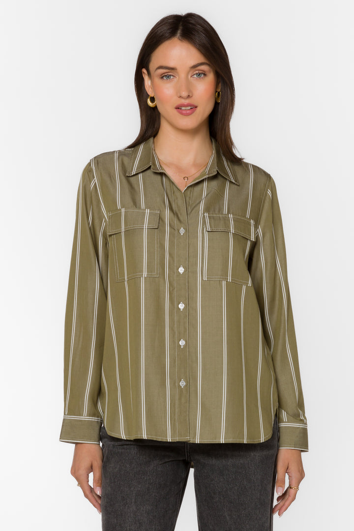 Talma Pesto Green Stripe Shirt - Tops - Velvet Heart Clothing