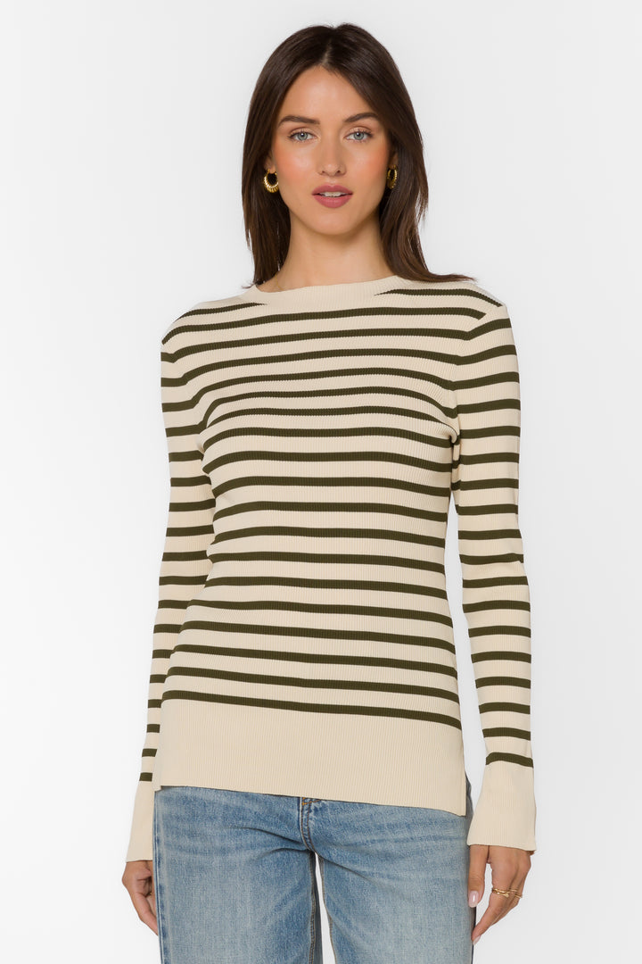 Teresa Off White Fern Green Stripe Sweater - Sweaters - Velvet Heart Clothing