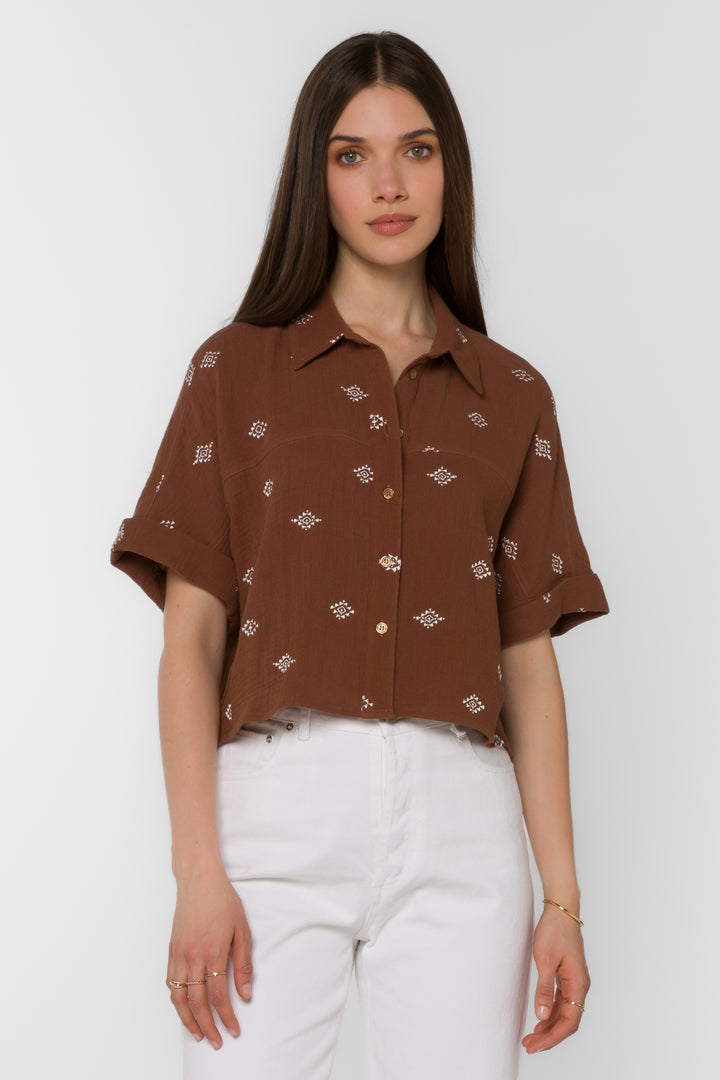 Trista Rustic Brown Embroidery  Shirt - Tops - Velvet Heart Clothing