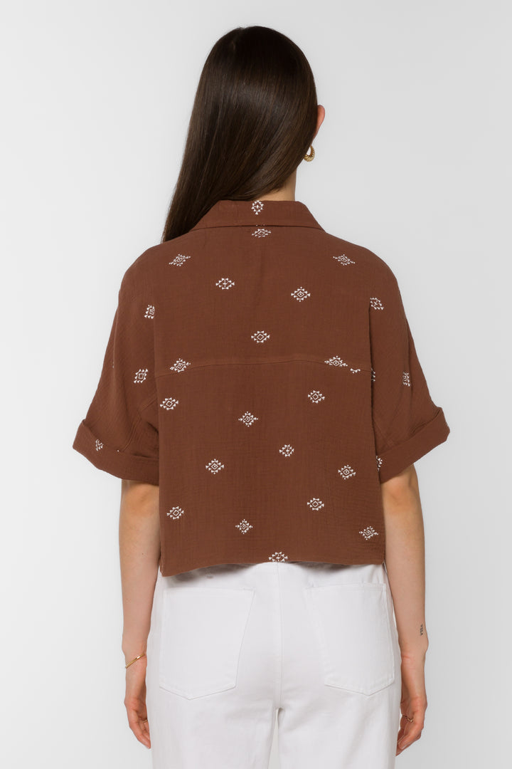 Trista Rustic Brown Embroidery  Shirt - Tops - Velvet Heart Clothing