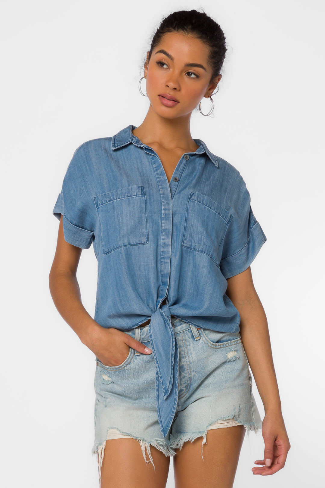 Zuria Blue Chambray Shirt - Tops - Velvet Heart Clothing